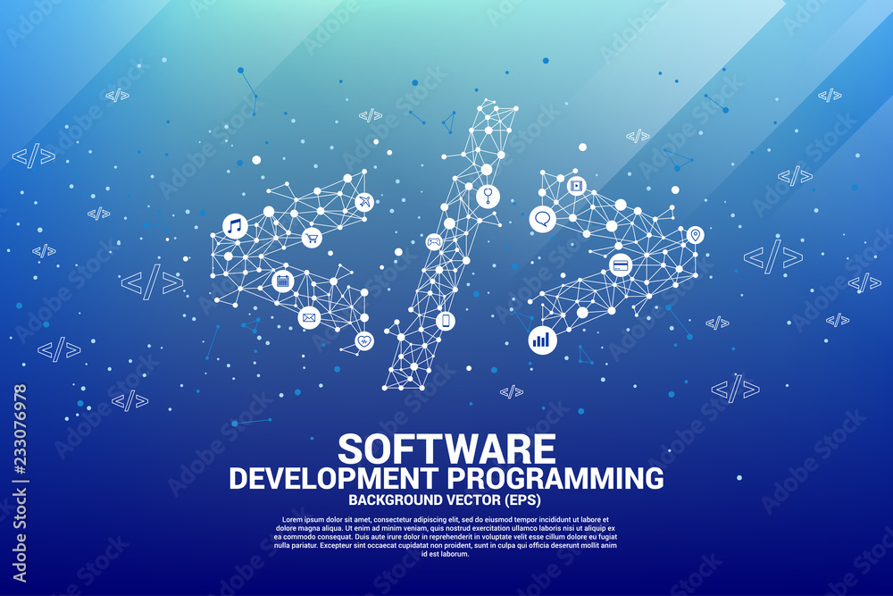 Fototapete Vector Polygon software development programming tag  with dot connect line and functional utility icon. Concept for Programming language technology and coding.