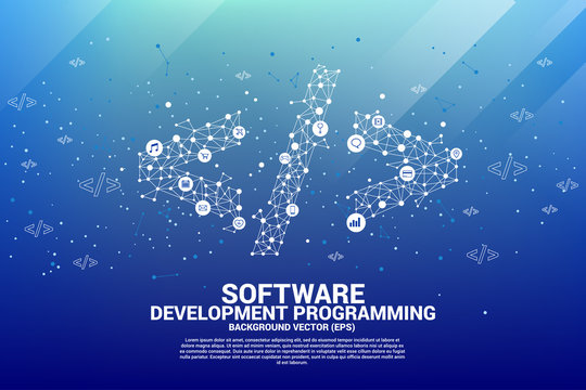 Vector Polygon software development programming tag  with dot connect line and functional utility icon. Concept for Programming language technology and coding.