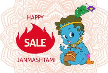 Indian holiday decorate poster with baby Krishna. Vector illustration.