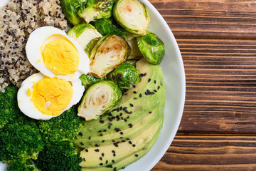 Buddha bowl with quinoa , eggs , avocado , brussels sprouts and broccoli
