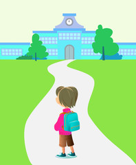 Obraz na płótnie Canvas Back to school poster with road to school building and boy student. Vector illustration.