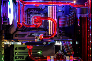 Desktop Computer Gaming with multicolor LED light show on working © chiradech