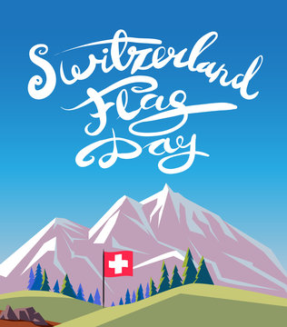 Switzerland ski resort poster design with mountains landscape. Vector illustration.
