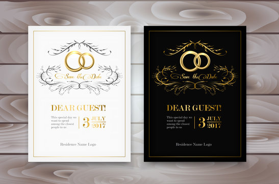 Wedding invitation design with golden rings. Vector illustration.