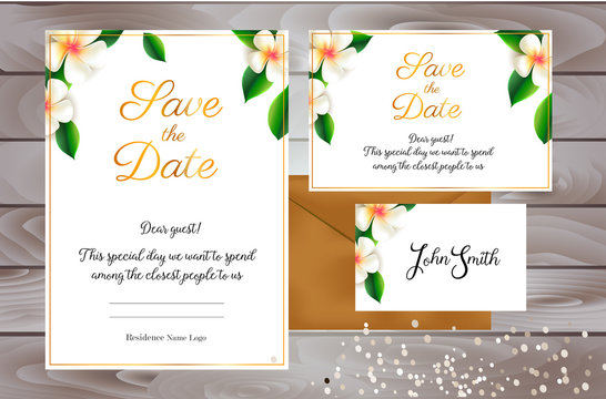 Wedding invitation in modern style with leaves and calligraphy texts. Vector illustration.