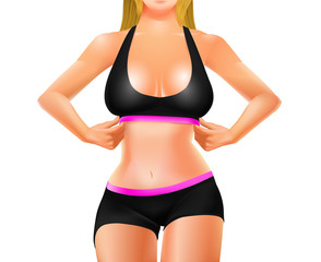 Young girl in sports shorts and top on a white background. Vector illustration.
