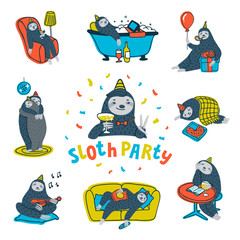 Animal party. Lazy sloth party. Cute sloths having fun at a lazy party. Vector illustration. © ✦ Bizarre Factory ✦