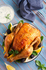 Chicken with Greek Tzatziki Sauce (made with yogurt, cucumber, garlic, dill and olive oil). View from above, top studio shot