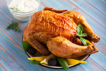 Chicken with Greek Tzatziki Sauce (made with yogurt, cucumber, garlic, dill and olive oil)