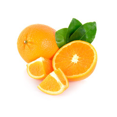 Mandarin orange slices and leaves isolated on white background