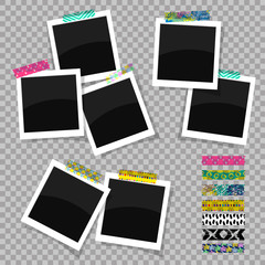 Ð¡ollection of instant photos on adhesive tapes. Vector isolated illustration.