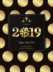 Fototapeta na wymiar Happy New Year 2019 winter holiday greeting card design template. Party poster, banner or invitation gold glittering stars confetti glitter decoration. Luxury Vector background with golden gift bow