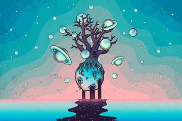 Hand drawn abstract mystery tree on the moon in deep space.