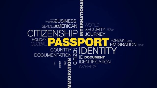 passport identity citizenship international border official airport customs departure immigration destination animated word cloud background in uhd 4k 3840 2160.