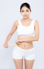 beautiful portrait asian woman diet and slim with measuring waist for weight isolated on white background, girl have cellulite and calories loss with tape measure, health and wellness concept.