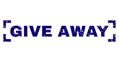 GIVE AWAY tag seal print with corroded texture. Text tag is placed between corners. Blue vector rubber print of GIVE AWAY with unclean texture.