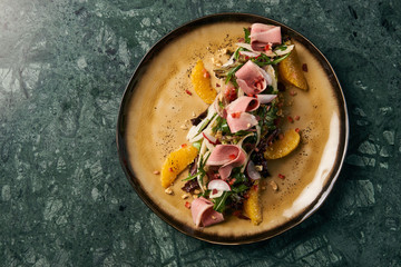 Vegetable salad with Smoked duck breast, close-up. 