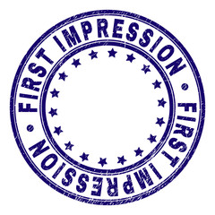 FIRST IMPRESSION stamp seal imprint with grunge effect. Designed with circles and stars. Blue vector rubber print of FIRST IMPRESSION label with grunge texture.