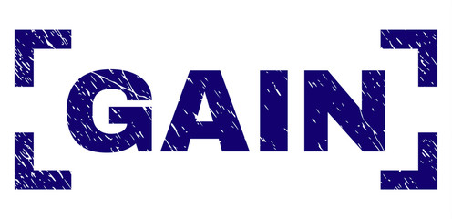GAIN title seal stamp with grunge texture. Text tag is placed inside corners. Blue vector rubber print of GAIN with grunge texture.