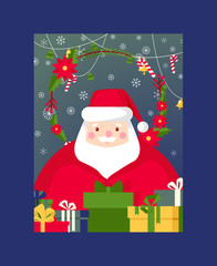 Christmas vector Merry Xmas greeting card with santa claus new year tree and gifts background illustration of santas postcard winter holiday celebration poster design backdrop
