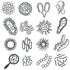 Microscopic viruses linear design, various shape. Bacteria infection set. Vector