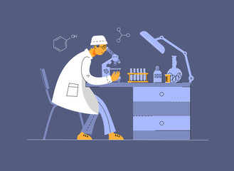 A man works in a laboratory. Chemical experiments. Chemical vessels. Illustration in modern flat linear style