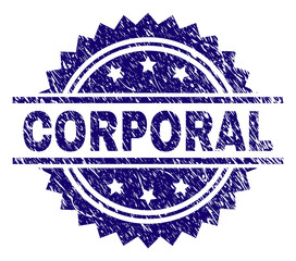 CORPORAL stamp seal watermark with distress style. Blue vector rubber print of CORPORAL text with dust texture.