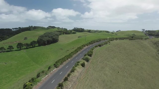 Areal footage over a coastal area in New Zealand with lots of hills and and farm land. Flying above a car road running through the middle of the frame. 4k quality video.