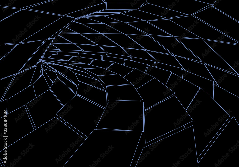 Poster tunnel or wormhole. digital 3d wireframe tunnel. 3d tunnel grid. network cyber technology. surrealis