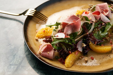 Close-up vegetable salad with Smoked duck breast. 