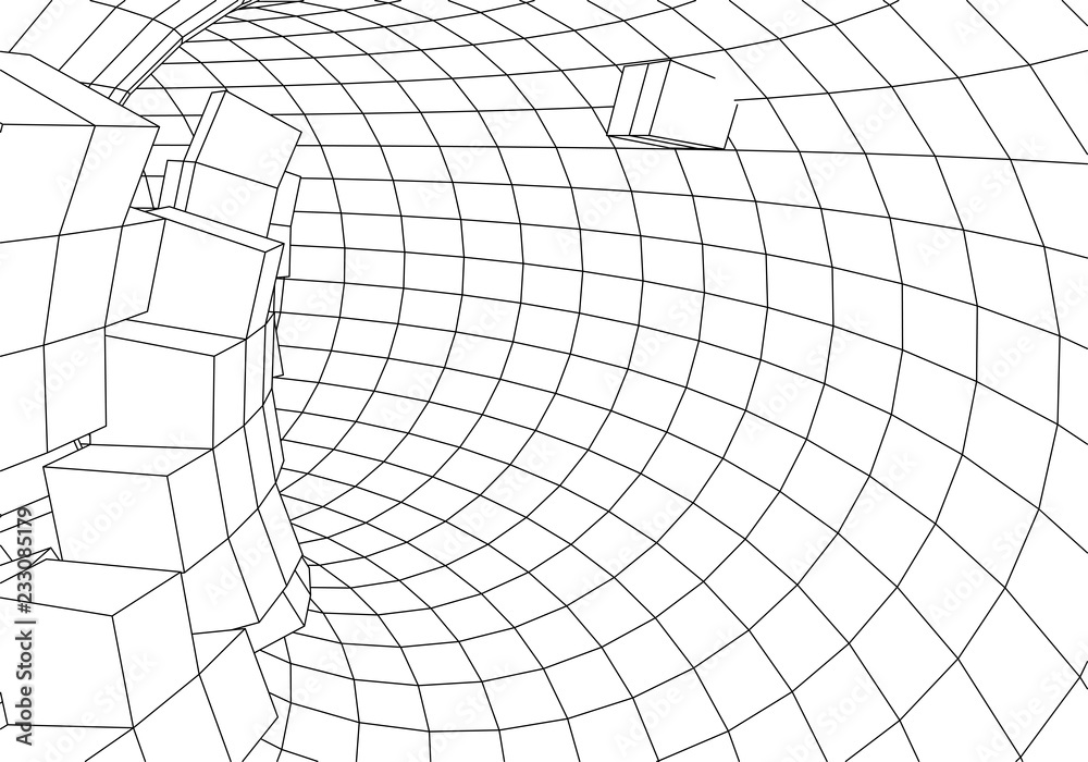 Poster tunnel or wormhole. digital 3d wireframe tunnel. 3d tunnel grid. network cyber technology. surrealis
