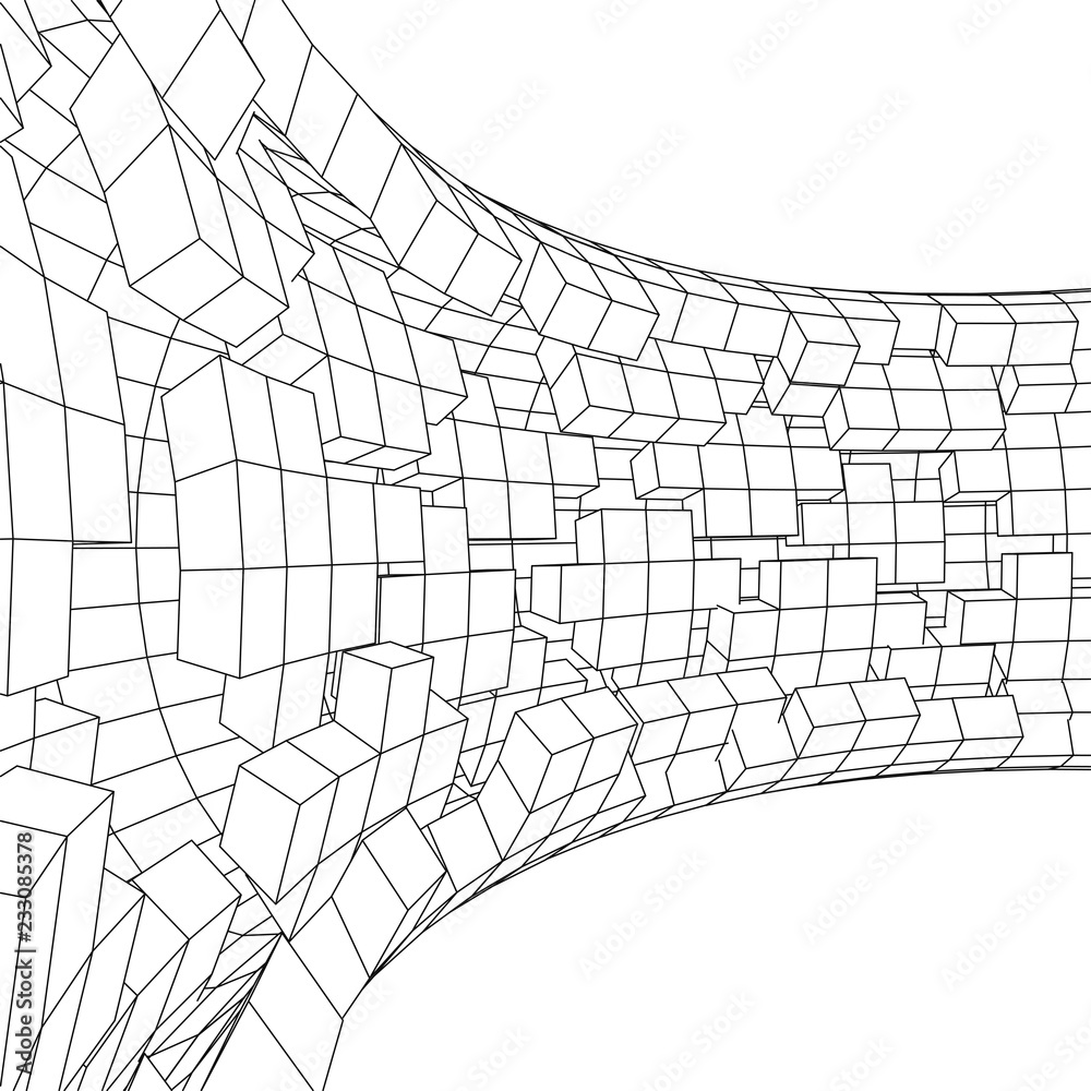 Poster tunnel or wormhole. digital 3d wireframe tunnel. 3d tunnel grid. network cyber technology. surrealis