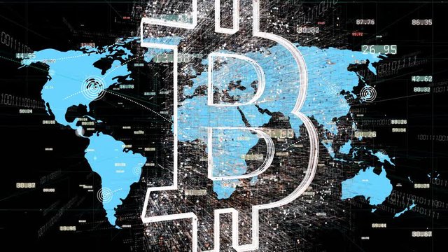 4k BTC symbol.Cripto currency bitcoin.World connections with web lines path,global map,growing global Network with communication,financial digital data,complexity and data flood of modern digital age.