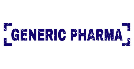 GENERIC PHARMA label seal print with corroded effect. Text label is placed inside corners. Blue vector rubber print of GENERIC PHARMA with retro texture.