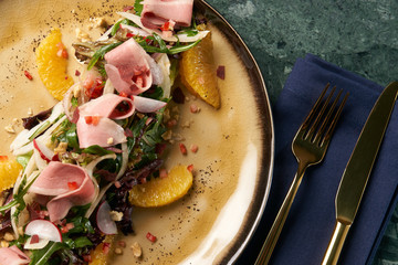 Luxury vegetable salad with Smoked duck breast.