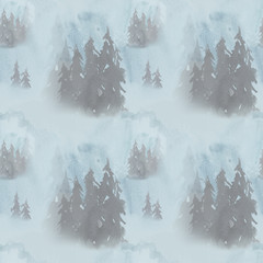 Blue winter seamless pattern in fog forest