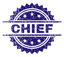 CHIEF stamp seal watermark with distress style. Blue vector rubber print of CHIEF title with retro texture.