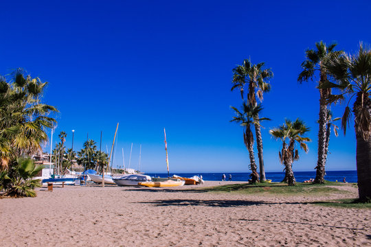 Sunny day on the beach. La Cala de Mijas, Costa del Sol, Andalusia, Spain. Photo taken &ndash; 11 november 2018.