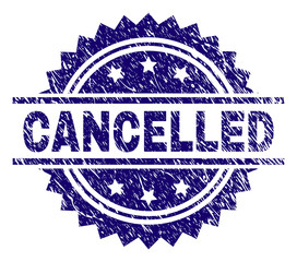 CANCELLED stamp seal watermark with distress style. Blue vector rubber print of CANCELLED text with scratched texture.