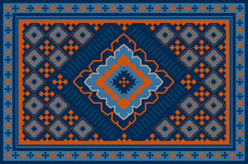 
Vintage pattern of a luxury old oriental carpet with orange,dark blue and beige patterns on blue background


