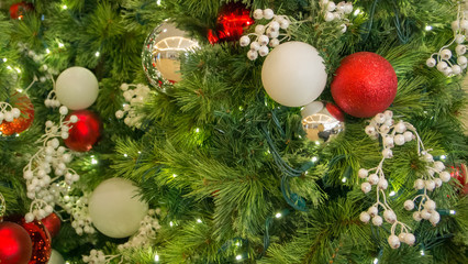 christmas decoration on a tree, closeup, no people, merry, happy, green, red, gifts