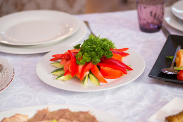 Top view on buffet table with different tasty snacks. Menu, banquet, party, appetizer concept