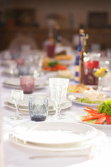 Top view on buffet table with different tasty snacks. Menu, banquet, party, appetizer concept