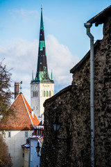 Winter. Old Town of Tallinn, Estonia, on a clear sunny day. St. Olaf's Church close-up