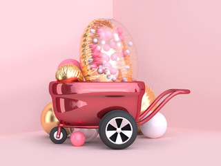 metallic red wagon wheels and clear gold balloon group 3d rendering