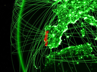 Portugal from space on green model of Earth with international networks. Concept of green communication or travel.