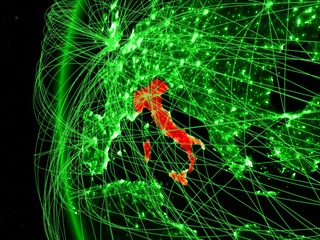 Italy from space on green model of Earth with international networks. Concept of green communication or travel.
