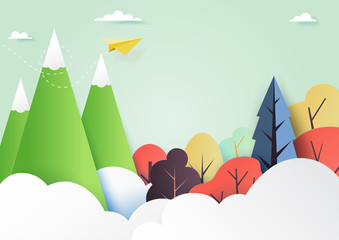 Colorful nature landscape background with clouds,forest and mountains paper art style.Vector illustration.Vector illustration.