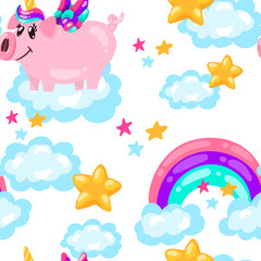 Seamless cute pig unicorn pattern. Baby print. cartoon hand drawn caracter.