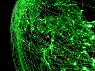 Cyprus from space on green model of Earth with international networks. Concept of green communication or travel.